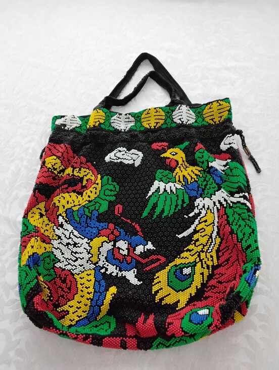 Vendora Handbags - Vendora Hand-Beaded Drawstring Tote with Multicolor Embroidery Dragon & Phoenix